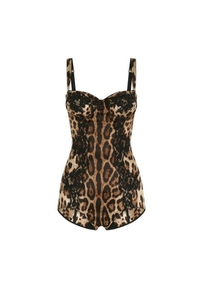 Silk balconette lingerie bodysuit with leopard-print lace details