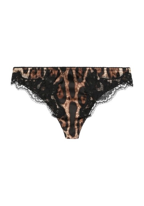 Leopard-print satin thong with lace detailing