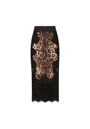 Leopard-print satin midi skirt with lace inserts
