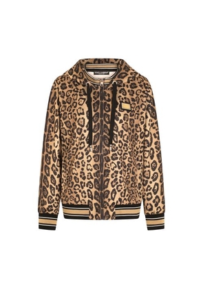 Zip-up jersey hoodie with leopard print