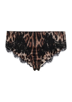 Leopard-print satin briefs with lace detailing