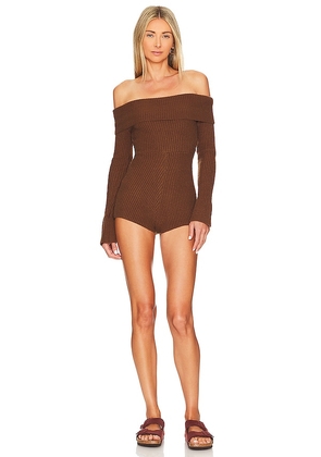 ALL THE WAYS Kalina Off Shoulder Romper in Brown. Size XS.
