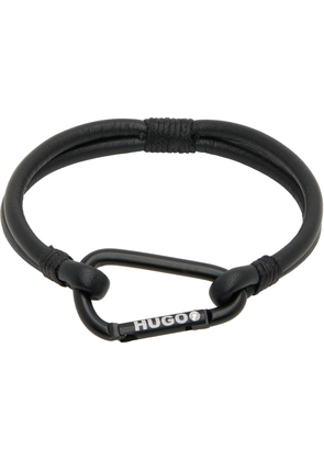 Hugo Black Leather Branded Carabiner Bracelet