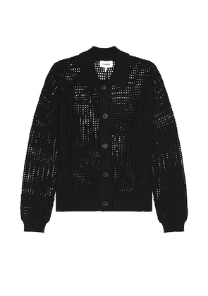 FRAME Tonal Crochet Cardigan in Black. Size M, XL/1X.