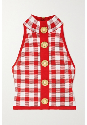 Balmain - Cropped Button-embellished Gingham Knitted Top - Red - FR34,FR36,FR38,FR40,FR42,FR44,FR46