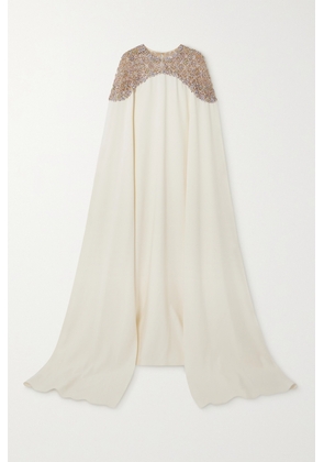 Oscar de la Renta - Cape-effect Embellished Tulle-trimmed Stretch-silk Crepe Gown - White - x small,small,medium,large,x large