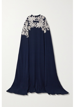 Oscar de la Renta - Cape-effect Embellished Stretch-silk Crepe Gown - Blue - x small,small,medium,large,x large