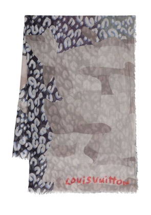 Louis Vuitton Pre-Owned animal-print frayed scarf - White