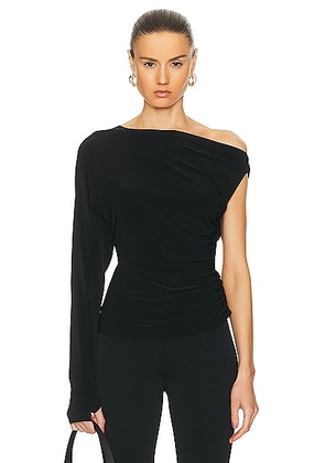 Norma Kamali One Sleeve Drop Shoulder Side Drape Top in Black - Black. Size L (also in M, S, XL, XS).