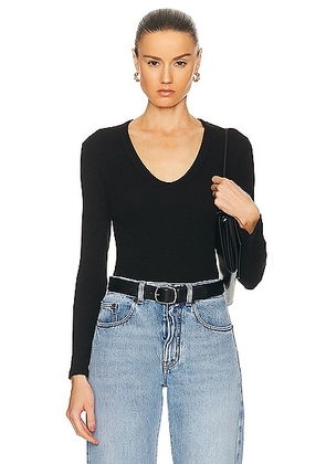 Enza Costa Textured Rib Long Sleeve U Top in Black - Black. Size L (also in S, XS).