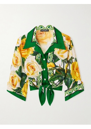Dolce & Gabbana - Cropped Tie-front Floral-print Silk-twill Shirt - Yellow - IT36,IT38,IT40,IT42,IT44,IT46,IT48,IT50