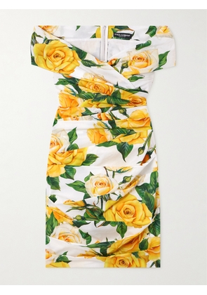 Dolce & Gabbana - Ruched Floral-print Stretch-cotton Poplin Mini Dress - Yellow - IT36,IT38,IT40,IT42,IT44,IT46,IT48