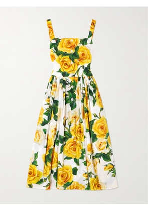 Dolce & Gabbana - Pleated Button-embellished Floral-print Cotton-poplin Midi Dress - Yellow - IT36,IT38,IT40,IT42,IT44,IT46,IT48,IT50