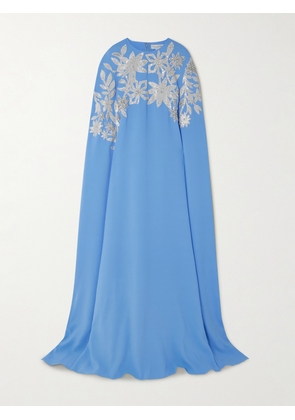 Oscar de la Renta - Cape-effect Embellished Stretch-silk Crepe Gown - Blue - x small,small,medium,large,x large