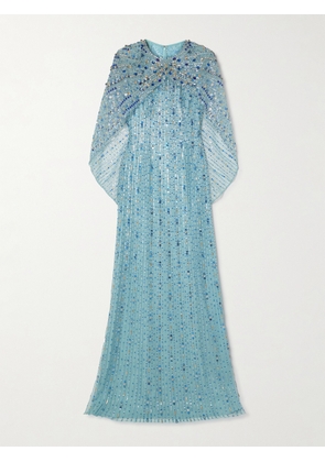 Jenny Packham - Cape-effect Ruched Crystal And Sequin-embellished Tulle Gown - Blue - UK 6,UK 8,UK 10,UK 12,UK 14,UK 16,UK 18
