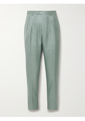 Brioni - Ischia Slim-Fit Pleated Silk, Cashmere and Linen-Blend Suit Trousers - Men - Green - IT 46