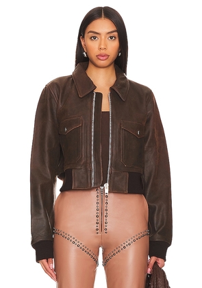 Understated Leather Spirit Bomber Jacket in Chocolate. Size M, S, XL, XS.
