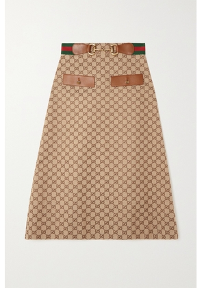 Gucci - Belted Leather-trimmed Cotton-blend Canvas-jacquard Midi Skirt - Brown - IT36,IT38,IT40,IT42,IT44,IT46