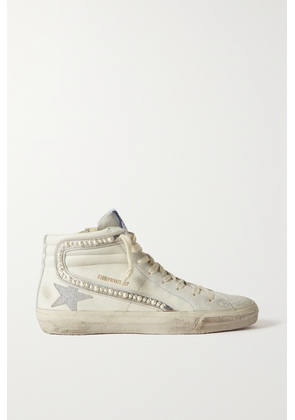 Golden Goose - Slide Embellished Distressed Glittered Leather And Suede High-top Sneakers - White - IT35,IT36,IT37,IT38,IT39,IT40,IT41,IT42