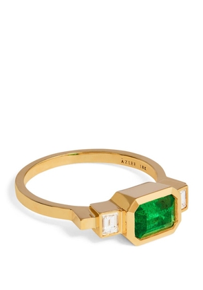 Azlee Yellow Gold, Diamond And Emerald Ring (Size 7)