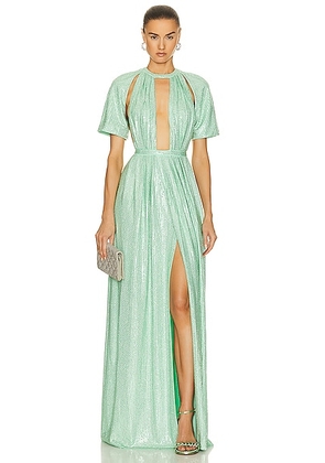 AREA Crystal Embellished Flutter Sleeve Gown in Mint - Mint. Size M (also in L).