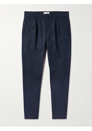 Mr P. - Tapered Pleated Garment-Dyed Cotton-Twill Trousers - Men - Blue - 28