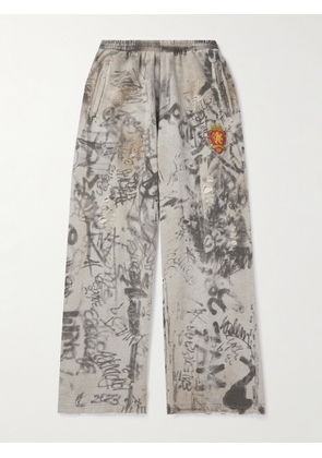 Balenciaga - Wide-Leg Logo-Embroidered Distressed Printed Cotton-Jersey Sweatpants - Men - Gray - XS