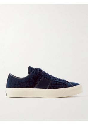 TOM FORD - Cambridge Leather-Trimmed Croc-Effect Velvet Sneakers - Men - Blue - UK 6