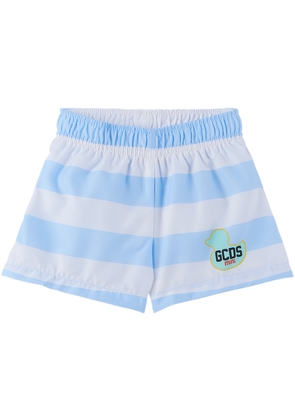 GCDS Kids Baby Blue & White Striped Swim Shorts