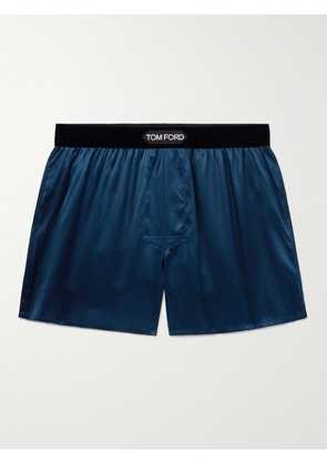 TOM FORD - Velvet-Trimmed Stretch-Silk Satin Boxer Shorts - Men - Blue - S