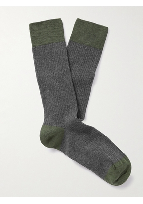 John Smedley - Cortland Colour-Block Ribbed Sea Island Cotton-Blend Socks - Men - Gray - S