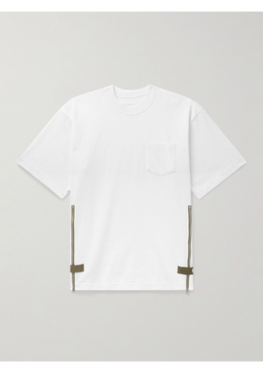 Sacai - Grosgrain-Trimmed Button and Zip-Detailed Cotton-Jersey T-Shirt - Men - White - 1