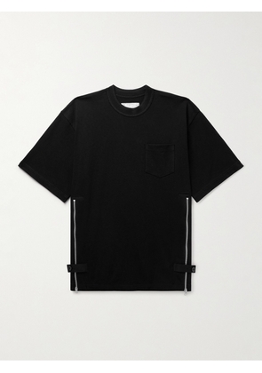 Sacai - Grosgrain-Trimmed Button and Zip-Detailed Cotton-Jersey T-Shirt - Men - Black - 1