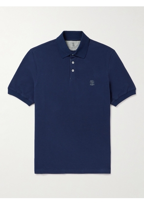 Brunello Cucinelli - Logo-Print Cotton-Piqué Polo Shirt - Men - Blue - S