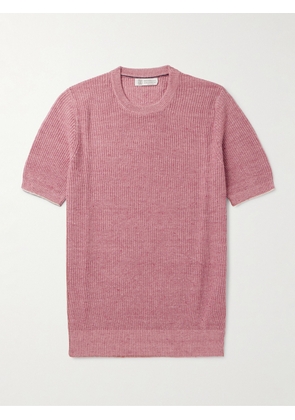 Brunello Cucinelli - Ribbed Linen and Cotton-Blend T-Shirt - Men - Pink - IT 46