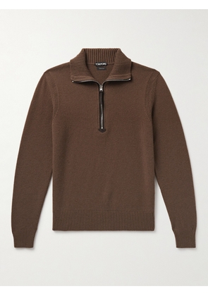 TOM FORD - Suede-Trimmed Wool-Blend Half-Zip Sweater - Men - Brown - IT 46