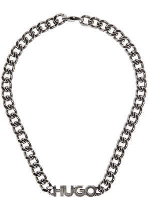 Hugo Gunmetal Logo Plaque Necklace