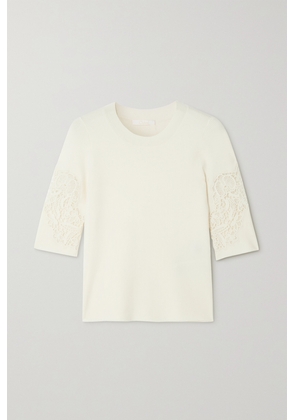 Chloé - Guipure Lace-trimmed Ribbed Wool-blend Top - White - x small,small,medium,large,x large