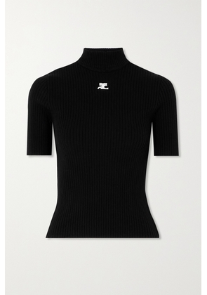 COURREGES - Embroidered Ribbed-knit Top - Black - x small,small,medium,large,x large