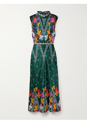 SALONI Michelle velvet-trimmed floral-print hammered silk-satin maxi dress