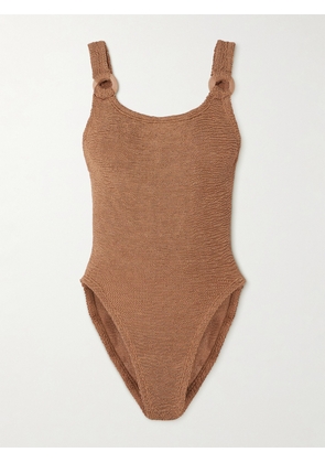 Hunza G - Domino Embellished Metallic Seersucker Swimsuit - Brown - One size