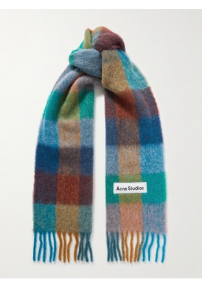 Acne Studios - Appliquéd Fringed Checked Brushed-knit Scarf - Blue - One size