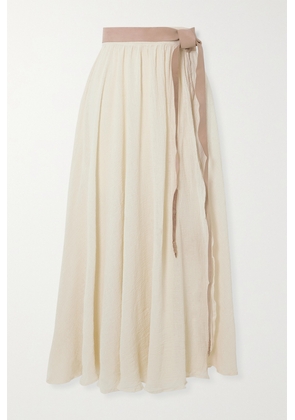 Caravana - + Net Sustain Cholul Leather-trimmed Frayed Wrap-effect Cotton-gauze Midi Skirt - Neutrals - One size