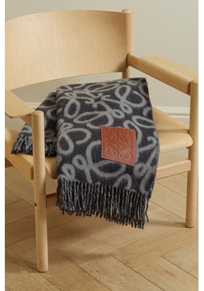 Loewe - Fringed Leather-trimmed Alpaca-blend Jacquard Blanket - Gray - One size