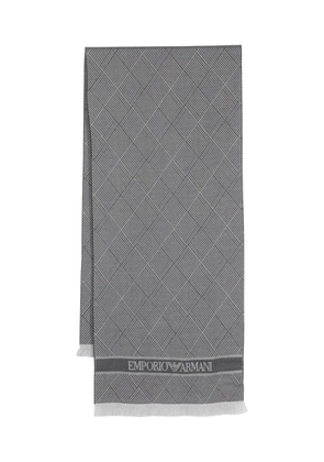 Emporio Armani logo-jacquard fringed wool scarf - Grey