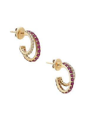 Siena Jewelry Double Huggie Earrings in 14k Yellow Gold  Diamond & Ruby - Red. Size all.