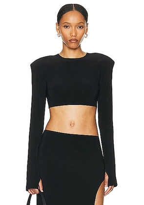 Norma Kamali Cropped Shoulder Pad Long Sleeve Crew Top in Black - Black. Size L (also in M, S, XL, XS).