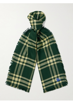 Burberry - Fringed Logo-Embroidered Checked Wool-Blend Scarf - Men - Green
