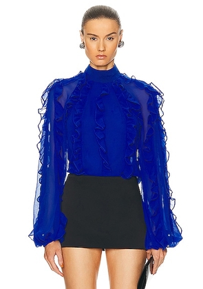 PatBO Ruffle High Neck Blouse in Ultramarine - Blue. Size M (also in S, XS).