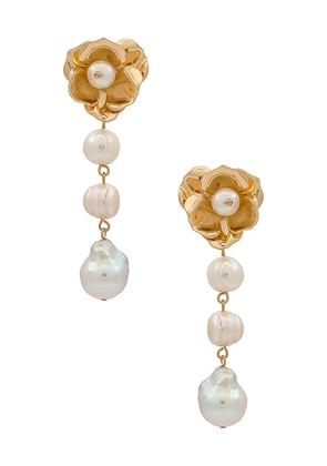 Ettika Pearl And Flower Earrings in Metallic Gold.